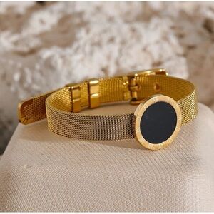 18k Gold Roman Numerals Round Black Acrylic Adjustable Bracelet Bangle